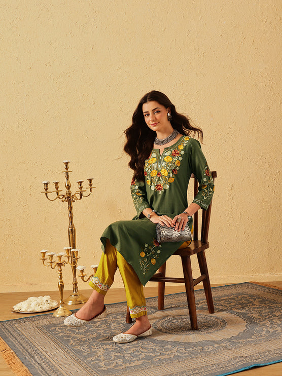 Qazmi Women's Zaynab Kashmiri Aari Work Cotton Linen Olive Green Kurta