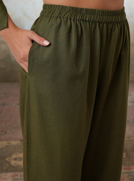 Qazmi Women's Kashmiri Chinarkari Work Olive Green CoOrd Set