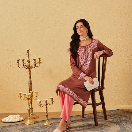 Qazmi Women's Firdousi Kashmiri Aari Work Brown Straight Kurta