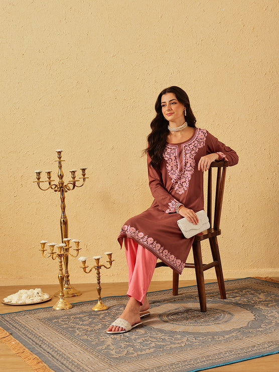 Qazmi Women's Firdousi Kashmiri Aari Work Brown Straight Kurta