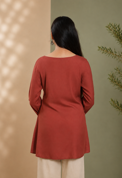 Qazmi Women Aari Embroidered Viscose Rayon A-Line Short Kurti with Full Sleeves