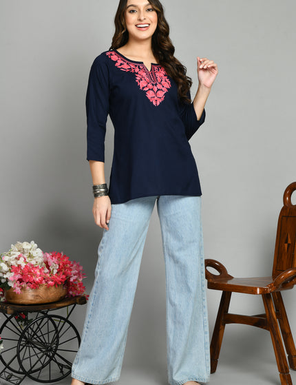 Blue Pink Aari Short Kurti For Women