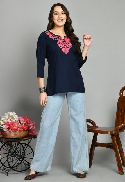 Blue Pink Aari Short Kurti For Women