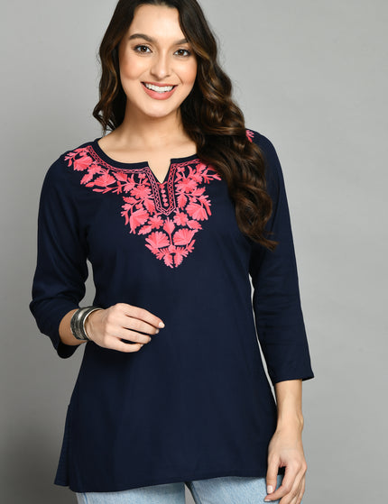 Blue Pink Aari Short Kurti For Women