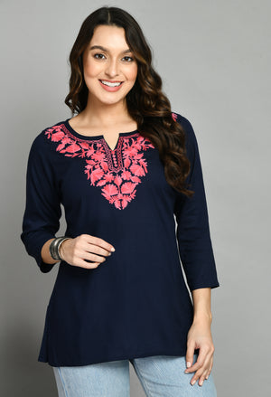 Blue Pink Aari Short Kurti For Women