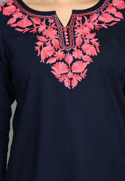 Blue Pink Aari Short Kurti For Women