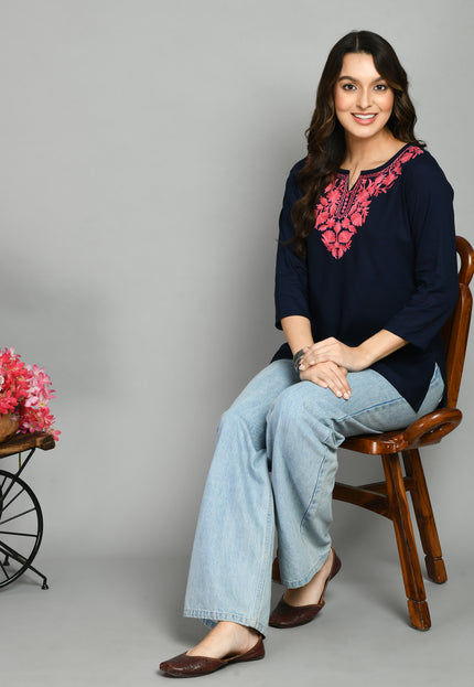 Blue Pink Aari Short Kurti For Women