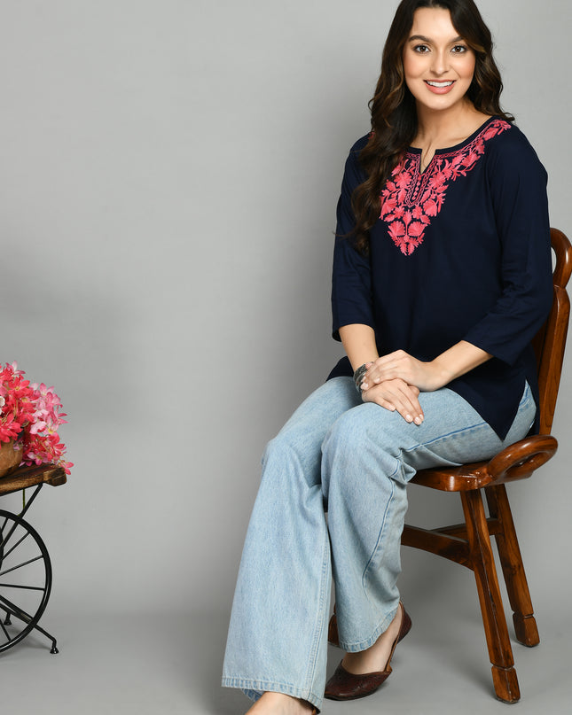 Blue Pink Aari Short Kurti For Women