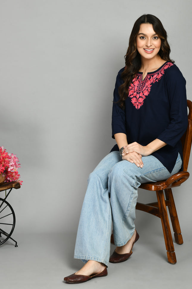 Blue Pink Aari Short Kurti For Women