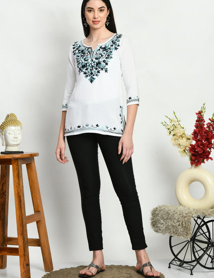 White Grey Aari Short Kurti For Women