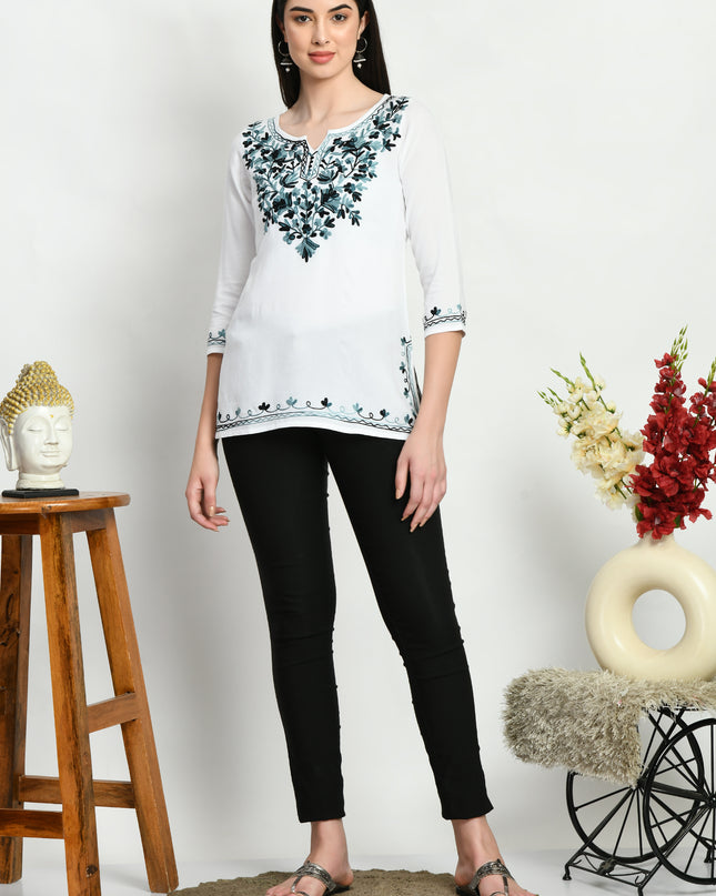 White Grey Aari Short Kurti For Women