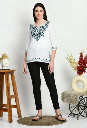 White Grey Aari Short Kurti For Women