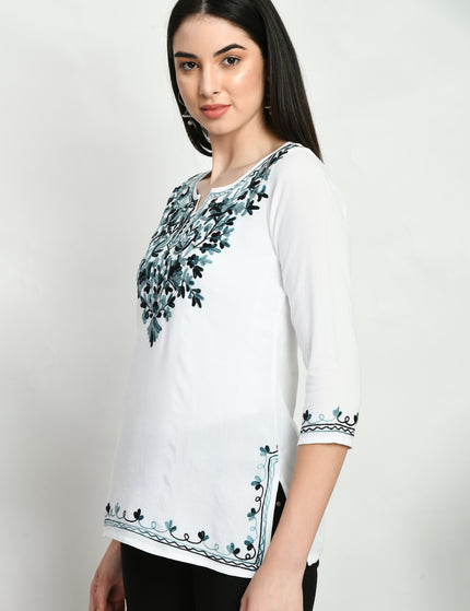 White Grey Aari Short Kurti For Women