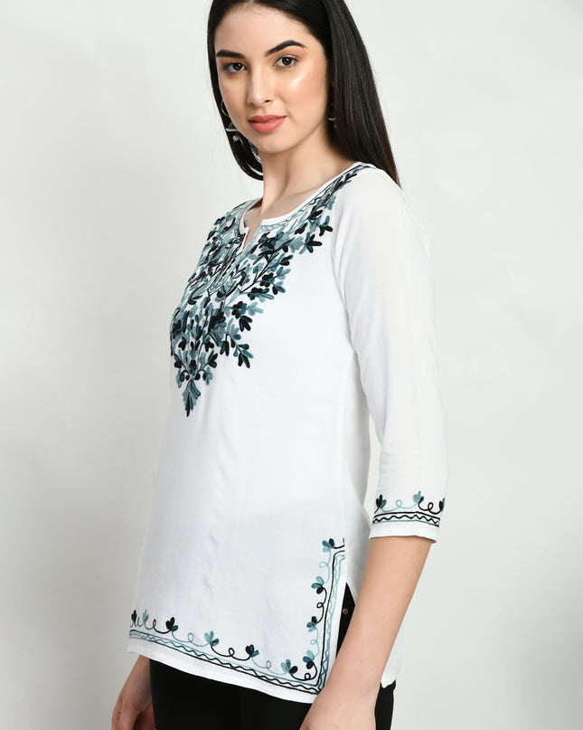 White Grey Aari Short Kurti For Women