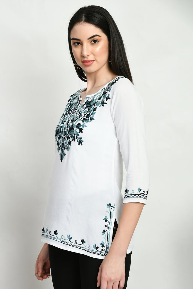 White Grey Aari Short Kurti For Women