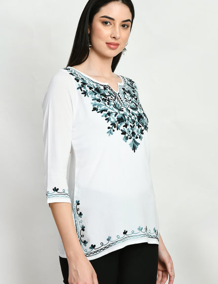 White Grey Aari Short Kurti For Women