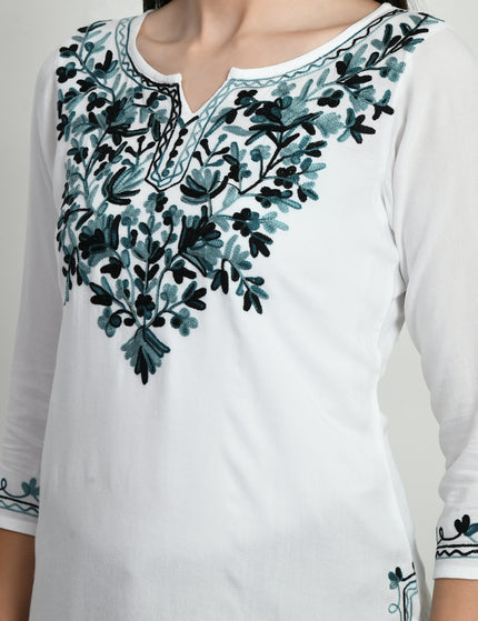 White Grey Aari Short Kurti For Women