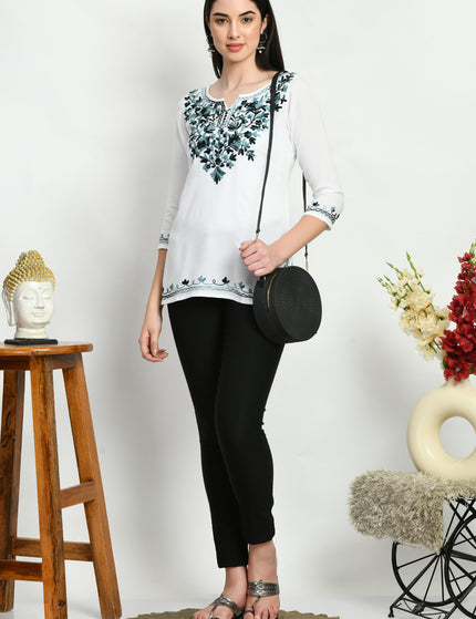 White Grey Aari Short Kurti For Women