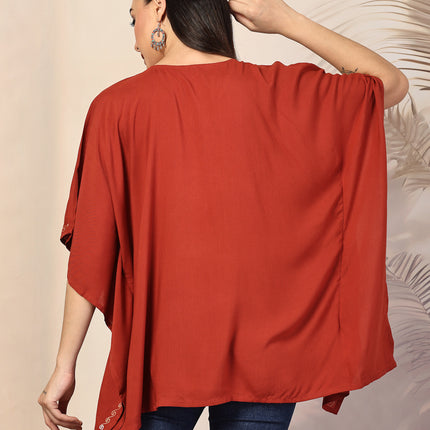 QAZMI Ethnic Motifs Embroidered V-Neck Flared Sleeves Kaftan Kurti