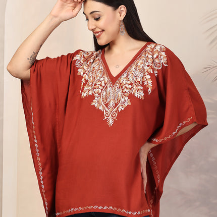QAZMI Ethnic Motifs Embroidered V-Neck Flared Sleeves Kaftan Kurti