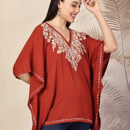 QAZMI Ethnic Motifs Embroidered V-Neck Flared Sleeves Kaftan Kurti