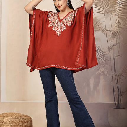 QAZMI Ethnic Motifs Embroidered V-Neck Flared Sleeves Kaftan Kurti