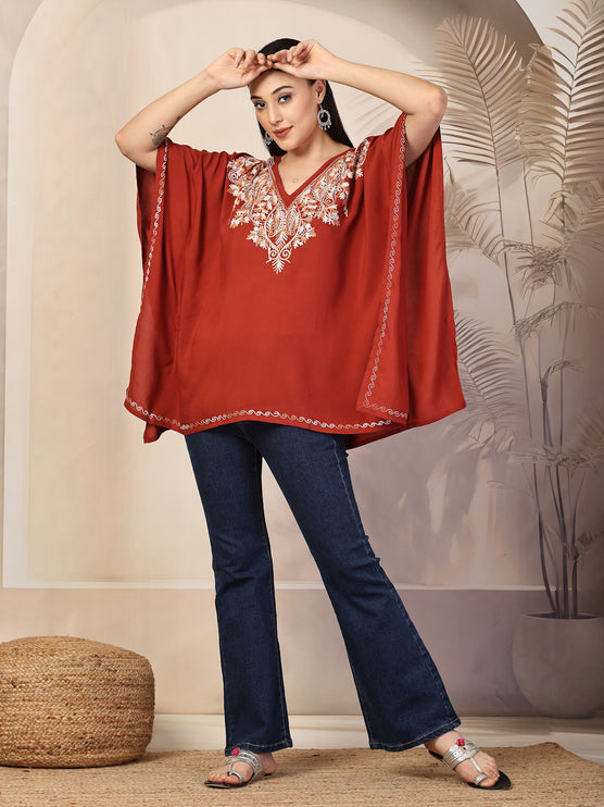 QAZMI Ethnic Motifs Embroidered V-Neck Flared Sleeves Kaftan Kurti