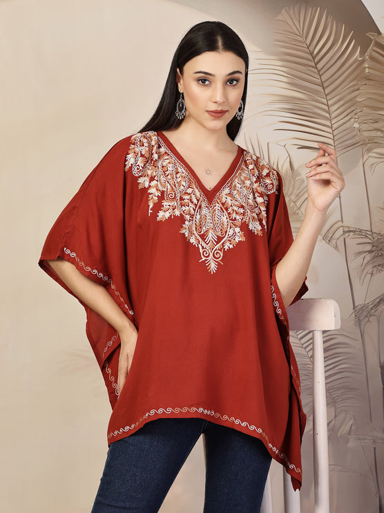 QAZMI Ethnic Motifs Embroidered V-Neck Flared Sleeves Kaftan Kurti