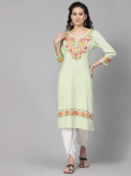 Pista Green A-Line Aari Long Kurti For Women