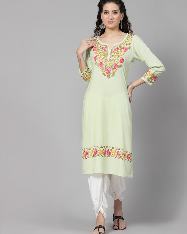 Pista Green A-Line Aari Long Kurti For Women