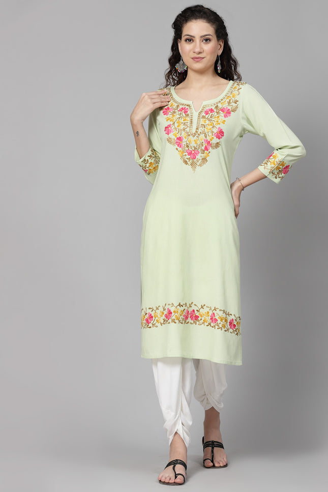 Pista Green A-Line Aari Long Kurti For Women