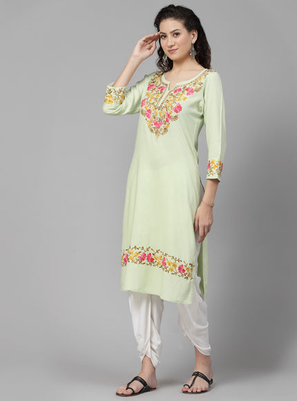 Pista Green A-Line Aari Long Kurti For Women