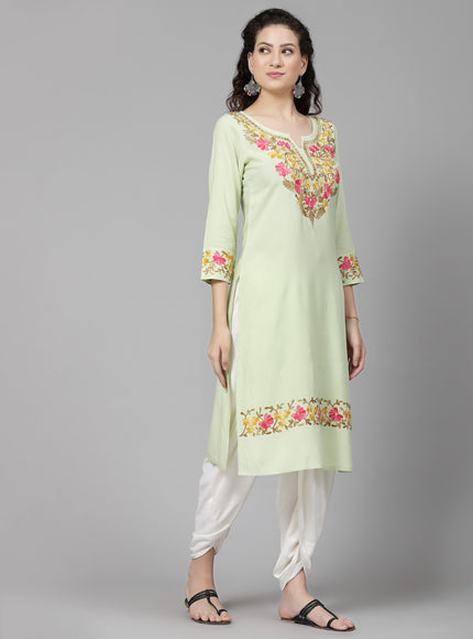 Pista Green A-Line Aari Long Kurti For Women