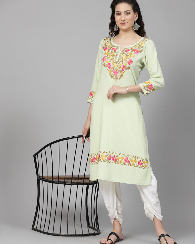 Pista Green A-Line Aari Long Kurti For Women