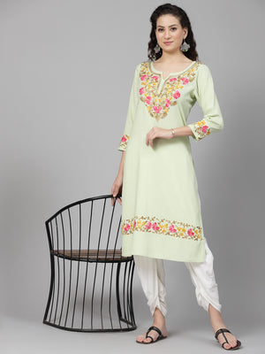 Pista Green A-Line Aari Long Kurti For Women