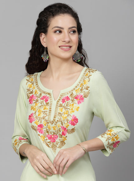 Pista Green A-Line Aari Long Kurti For Women