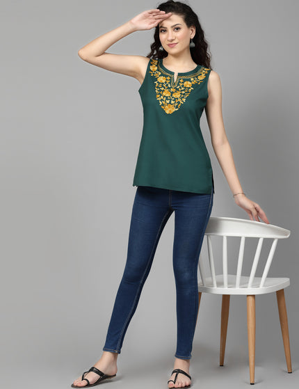 Green Sleeveless Aari Short Kurti For Women