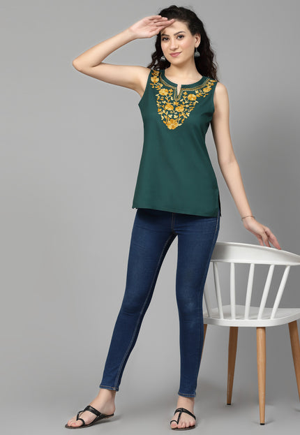 Green Sleeveless Aari Short Kurti For Women