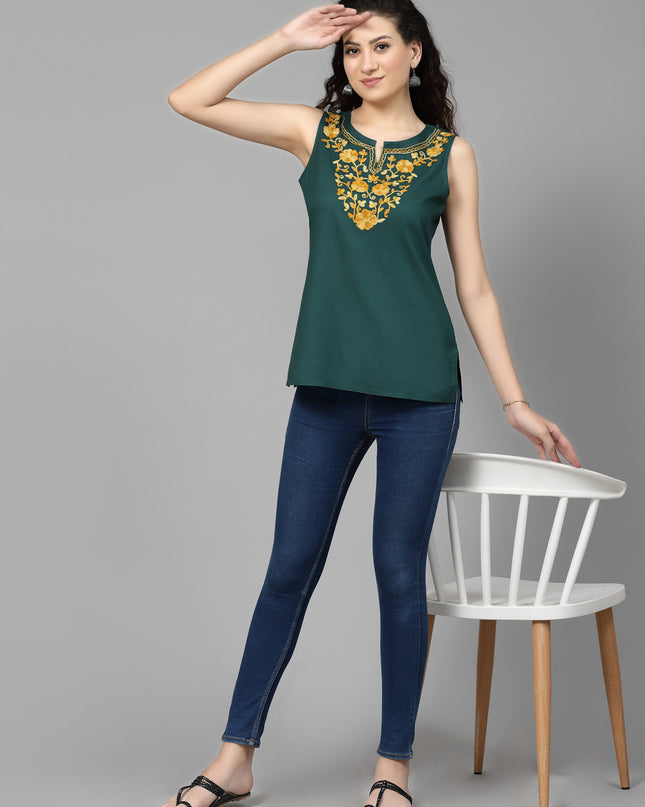 Green Sleeveless Aari Short Kurti For Women