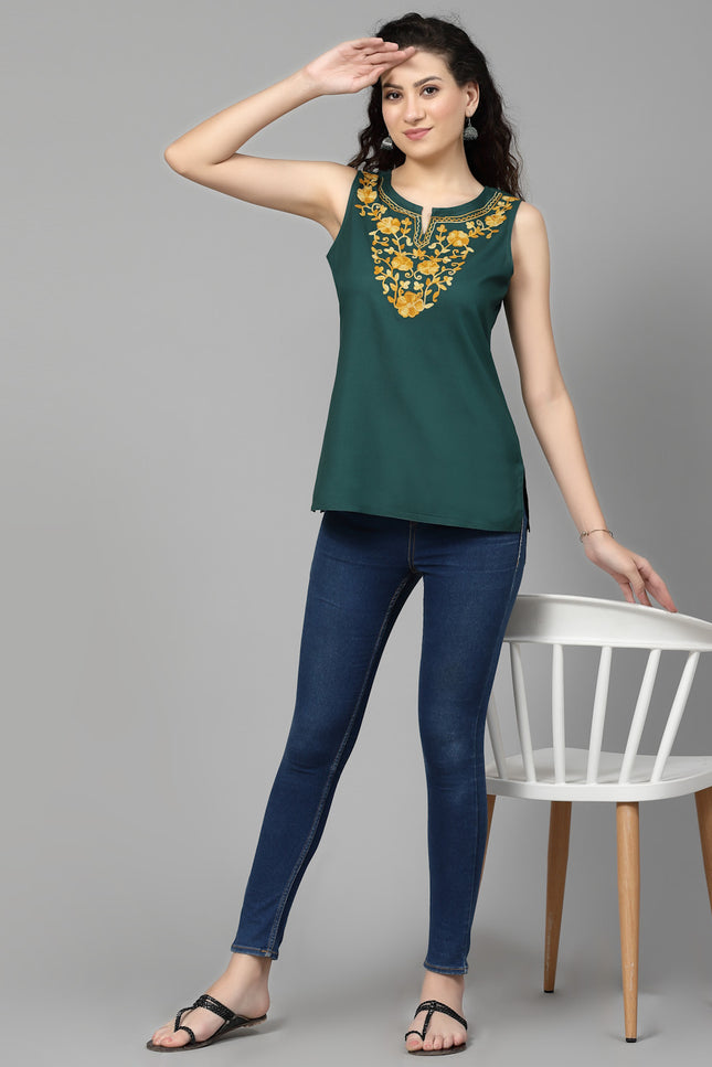 Green Sleeveless Aari Short Kurti For Women