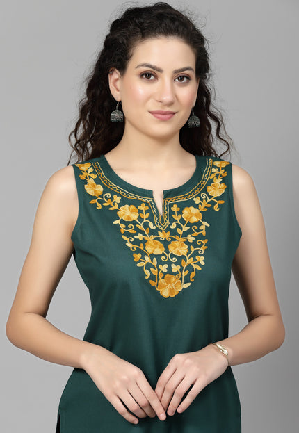Green Sleeveless Aari Short Kurti For Women