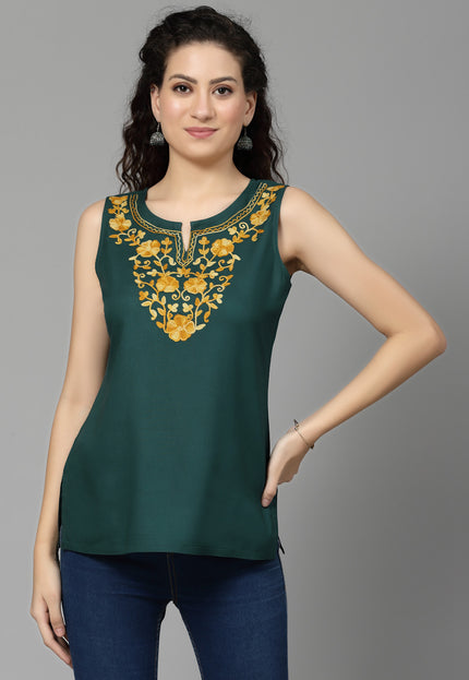 Green Sleeveless Aari Short Kurti For Women