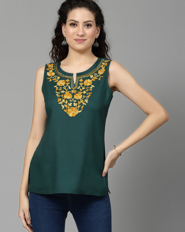 Green Sleeveless Aari Short Kurti For Women