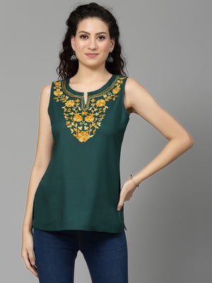 Green Sleeveless Aari Short Kurti For Women