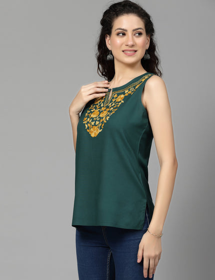 Green Sleeveless Aari Short Kurti For Women