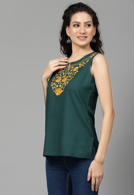 Green Sleeveless Aari Short Kurti For Women