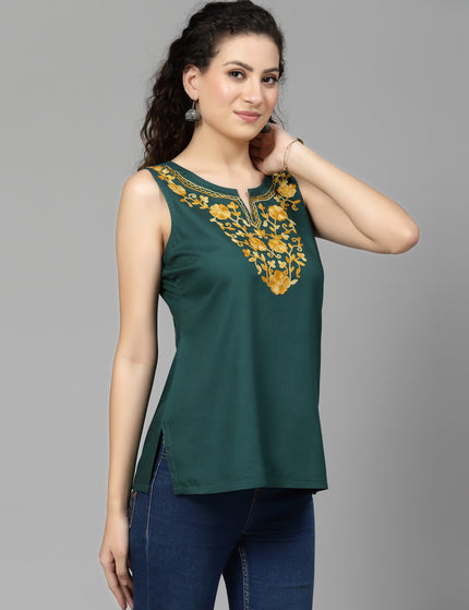 Green Sleeveless Aari Short Kurti For Women