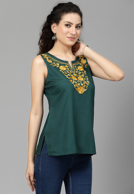 Green Sleeveless Aari Short Kurti For Women