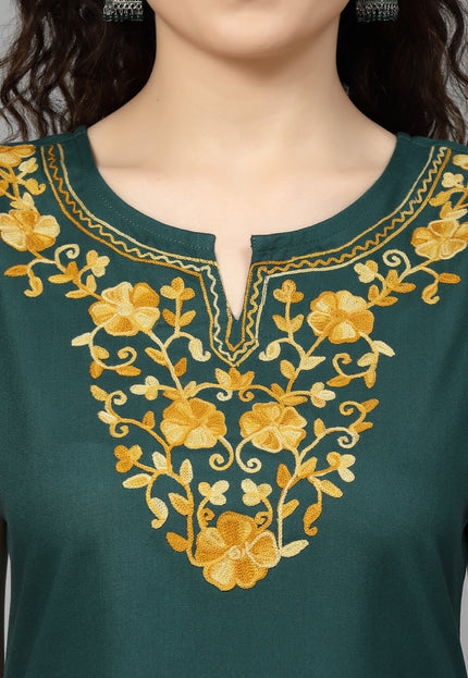 Green Sleeveless Aari Short Kurti For Women