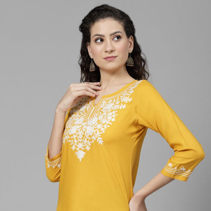 Musturd White Aari Short Kurti For Women
